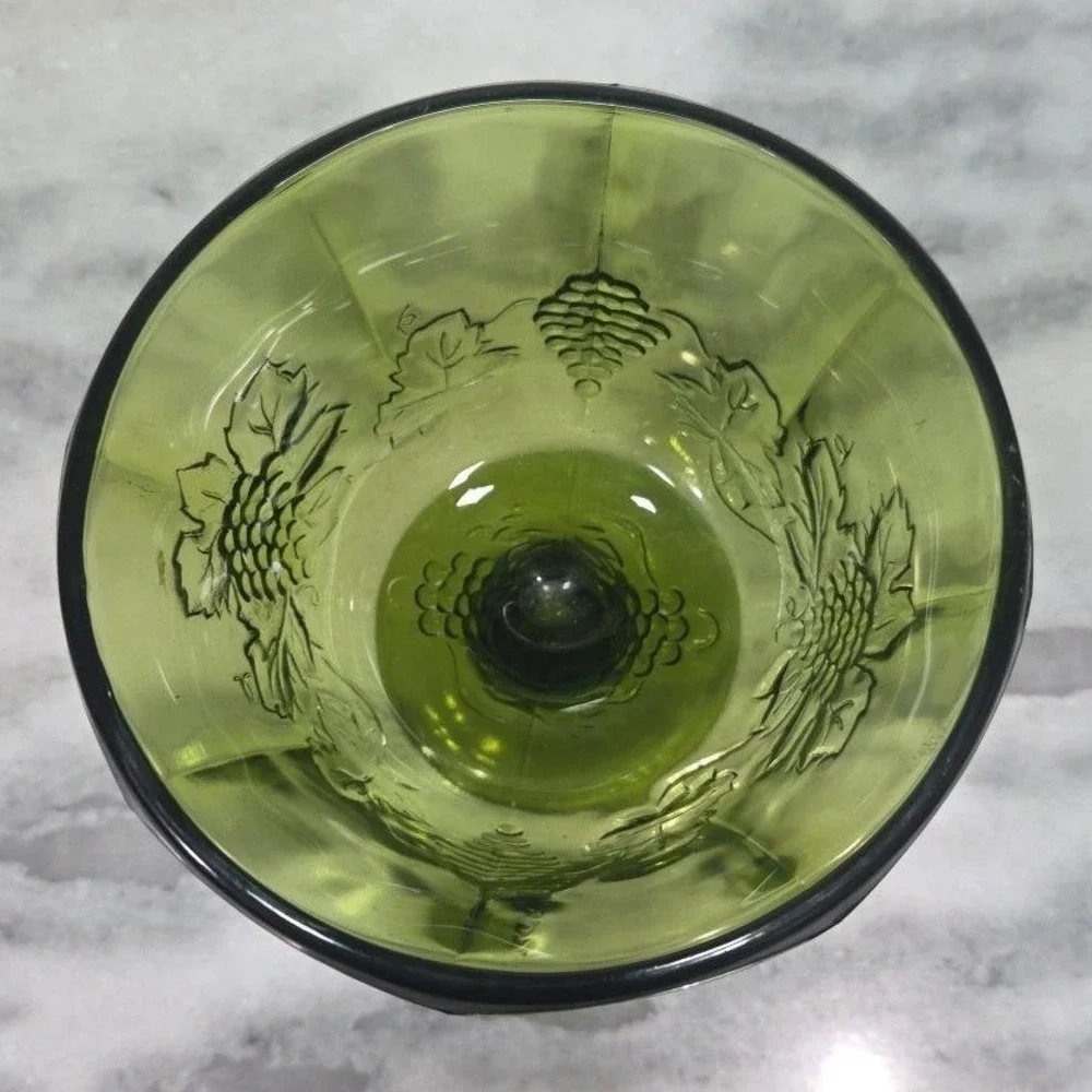 Indiana Glass Colony Harvest Grapes Compote, Vintage Avocado Green Pedestal Bowl
